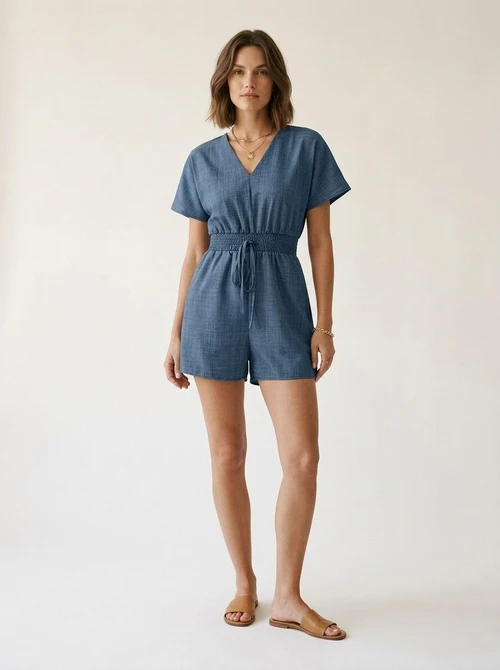 Combinaison-short bleue à col en V et manches courtes avec cordon de serrage pour femme