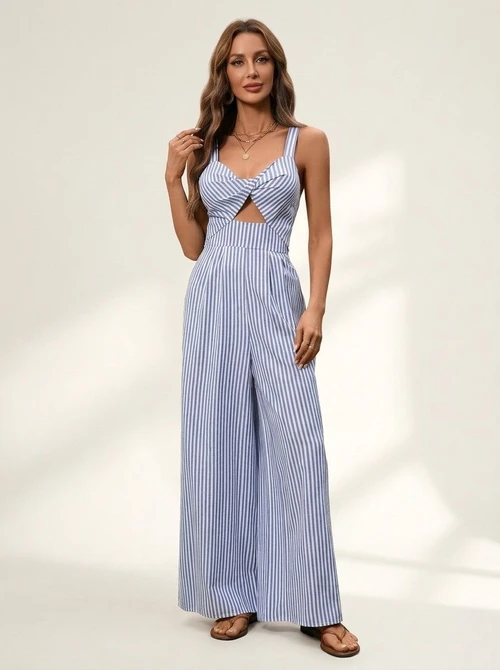 Combinaison rayée à jambes larges - Combinaison d'été sans manches