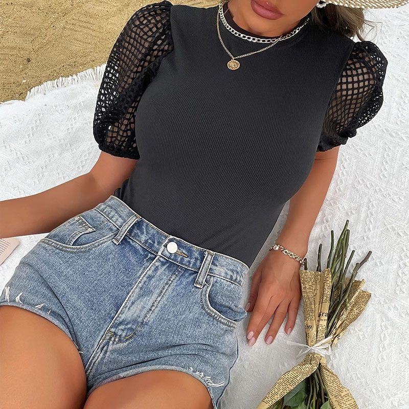 Body de canalé con mangas abullonadas de malla