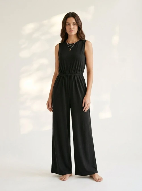Combinaison sans manches à jambes larges et poches pour femme