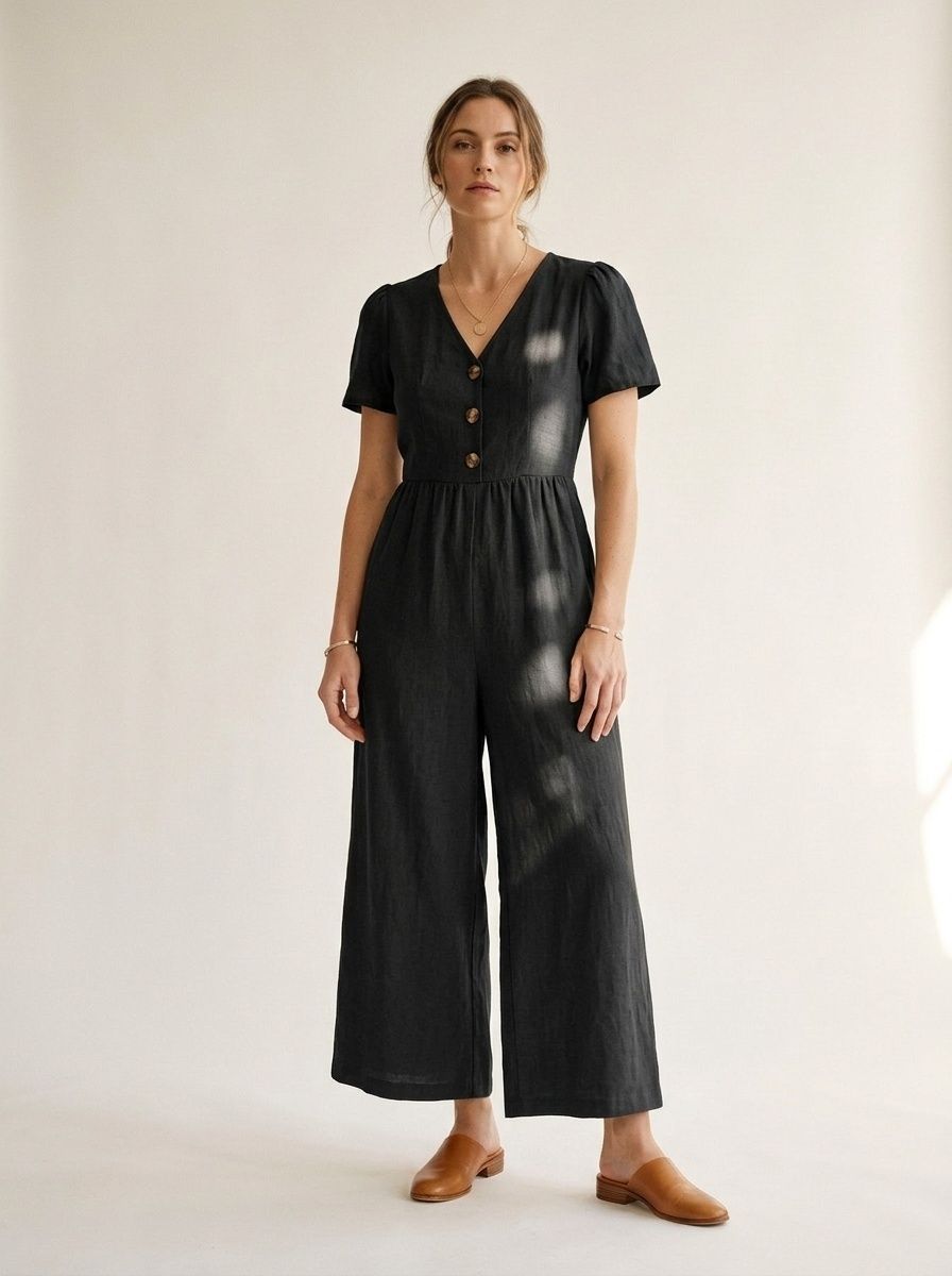 Mono informal de mujer con cuello en V, botones, manga corta y pernera ancha.