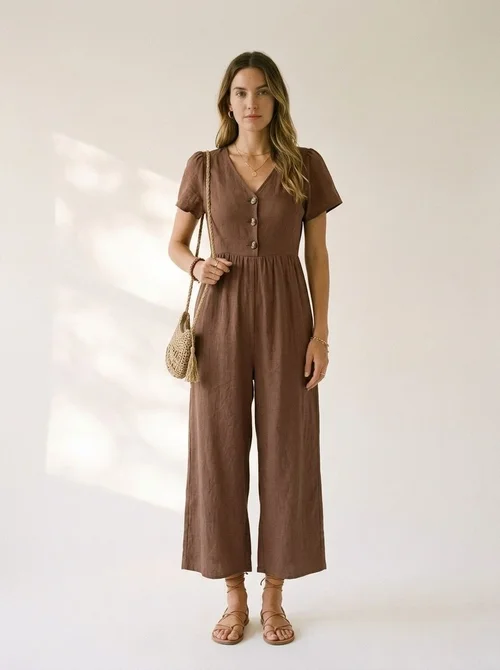Combinaison pantalon décontractée pour femme, col en V, manches courtes et jambes larges, boutons