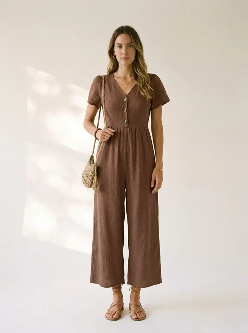 Combinaison pantalon décontractée pour femme, col en V, manches courtes et jambes larges, boutons