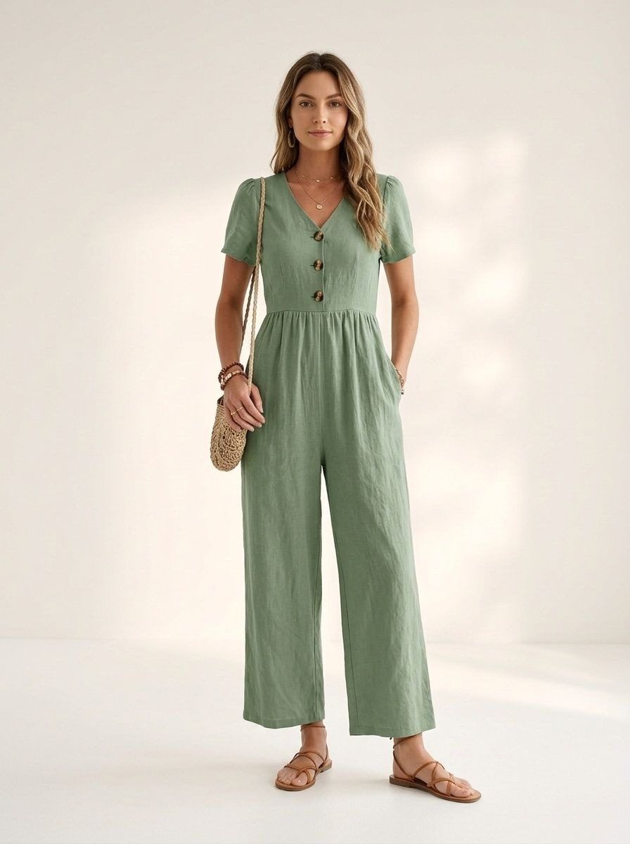 Mono informal de mujer con cuello en V, botones, manga corta y pernera ancha.