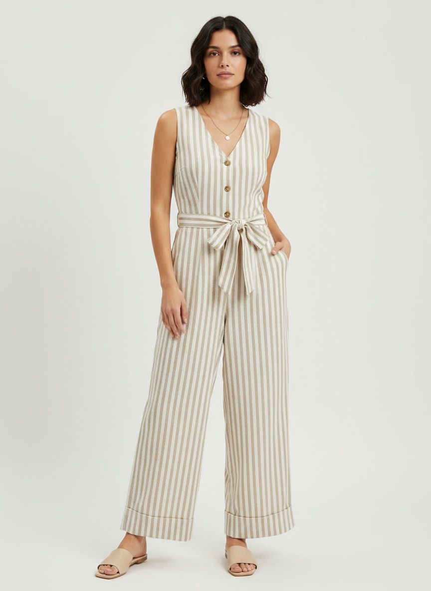 Women's Striped Sleeveless V-Neck Wide Leg Jumpsuit
