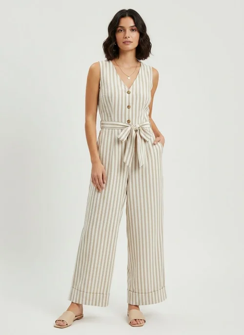 Combinaison rayée sans manches à col en V et jambes larges pour femme