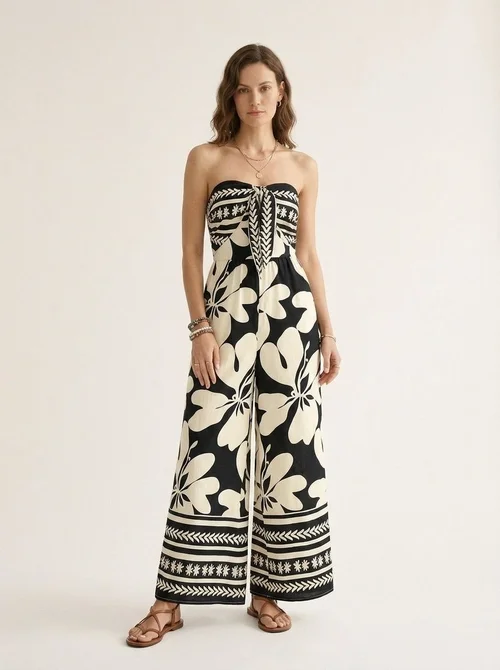 Combinaison bustier bohème à fleurs et jambes larges avec nœud sur le devant