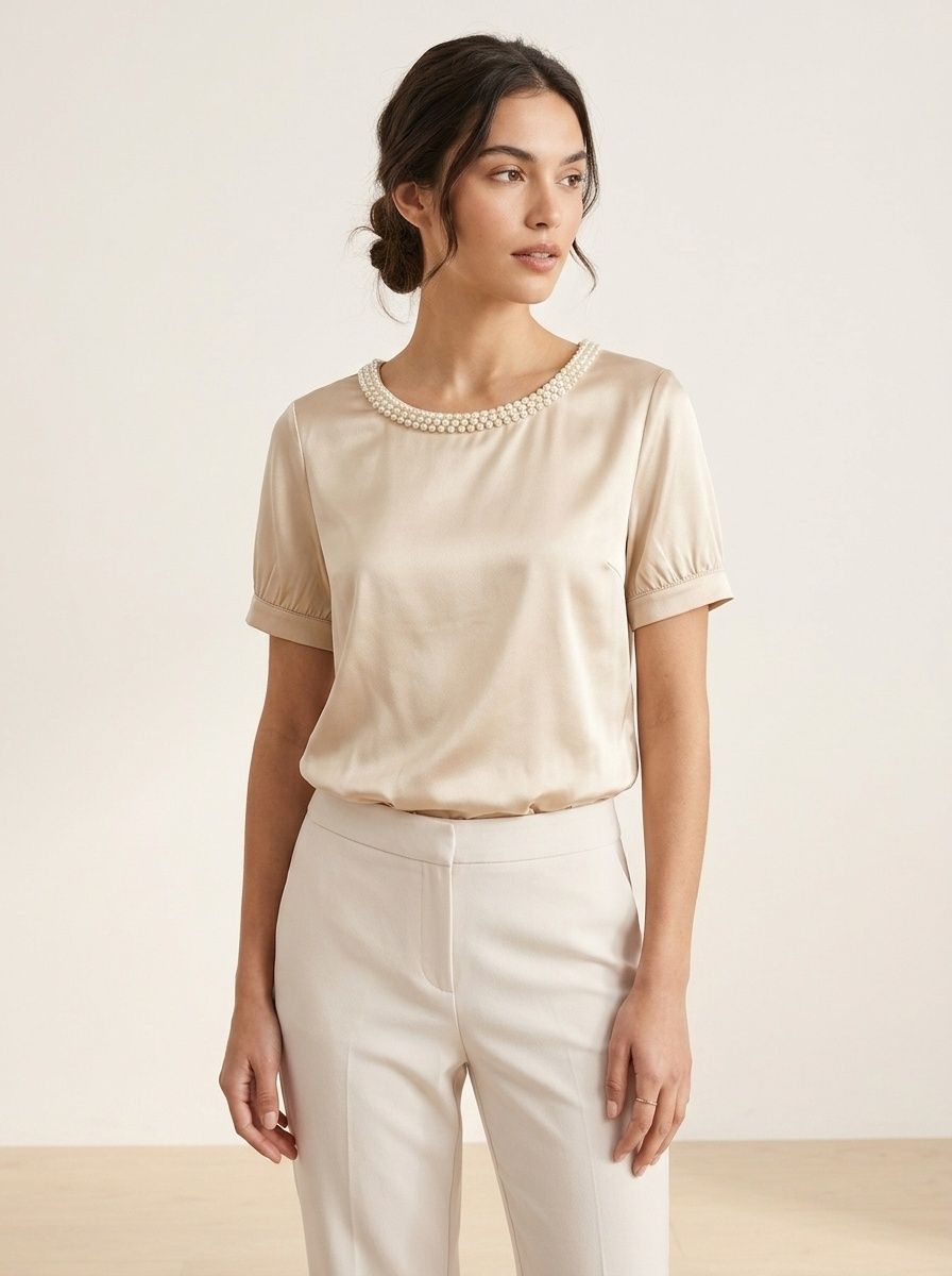 Body en satin orné de perles - Élégant, manches courtes