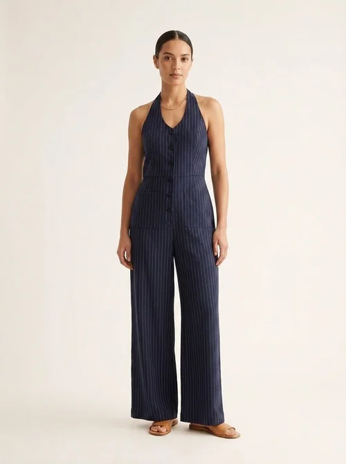 Halter Neck Pinstripe Wide Leg Jumpsuit