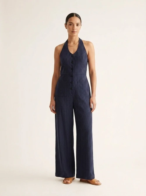 Halter Neck Pinstripe Wide Leg Jumpsuit
