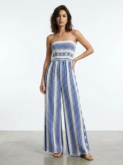 Combinaison bustier à smocks et jambes larges - Imprimé bleu et blanc
