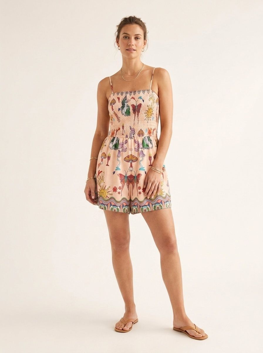 Tutina senza spalline con stampa boho e arricciature