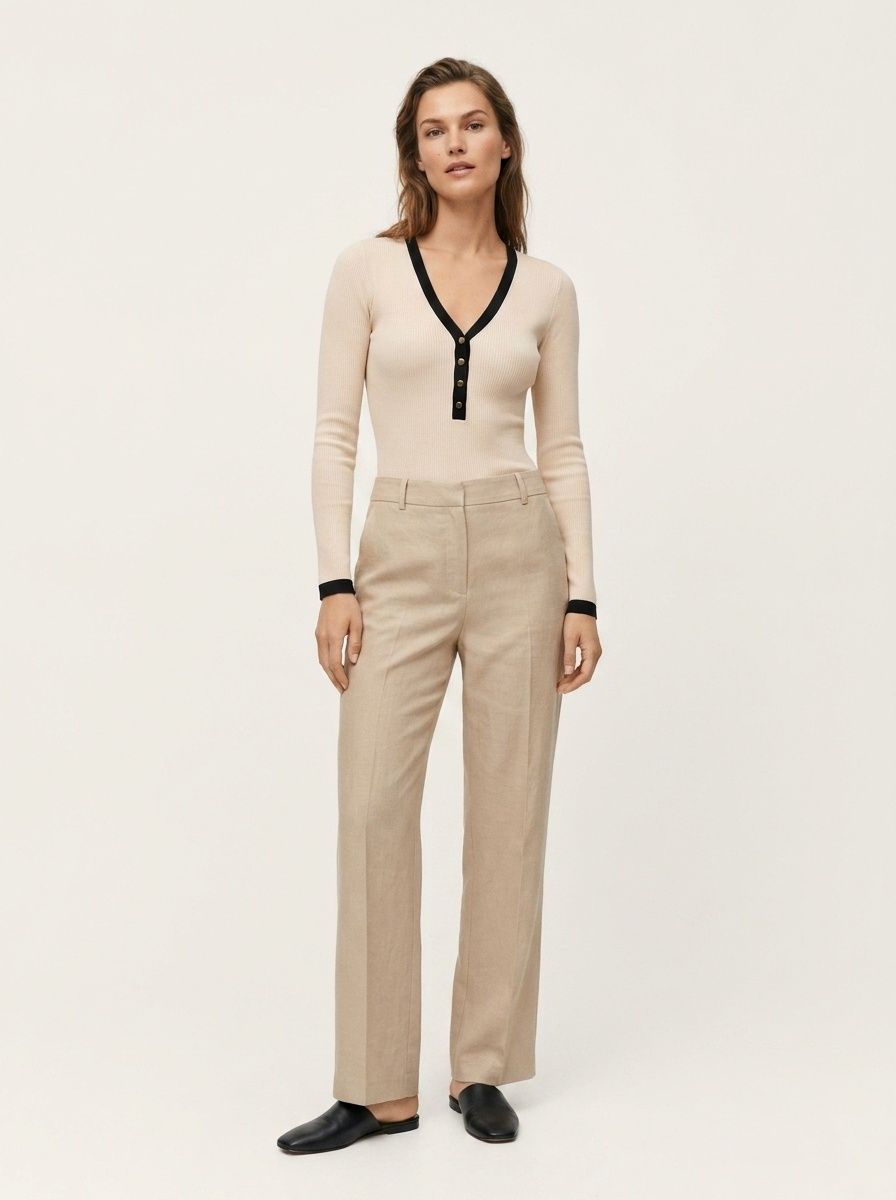 Ribbed Long Sleeve Henley Bodysuit in Beige