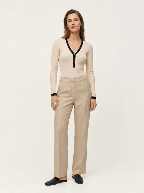 Ribbed Long Sleeve Henley Bodysuit in Beige