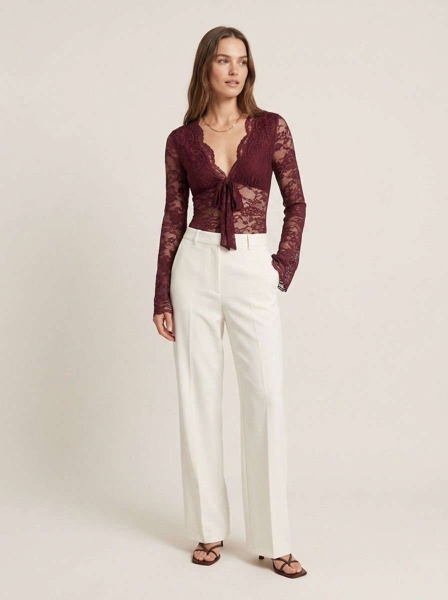 Women's V-Neck Tie Front Long Sleeve Lace Bodysuit