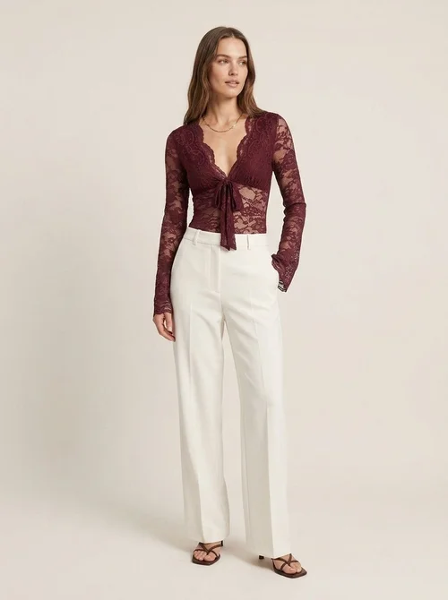 Women's V-Neck Tie Front Long Sleeve Lace Bodysuit