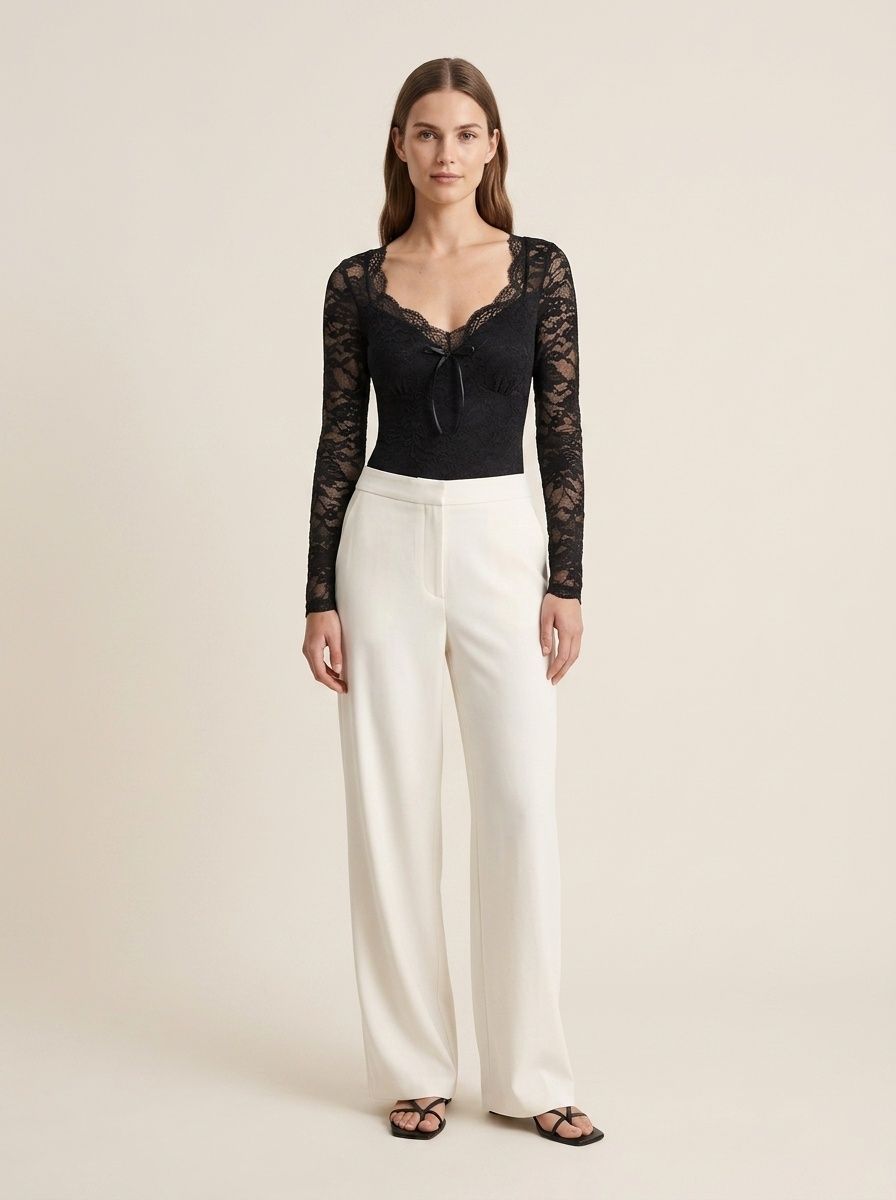 Women's Black Floral Lace Long Sleeve Bodysuit