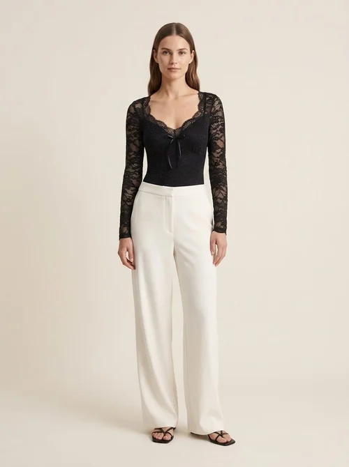 Women's Black Floral Lace Long Sleeve Bodysuit