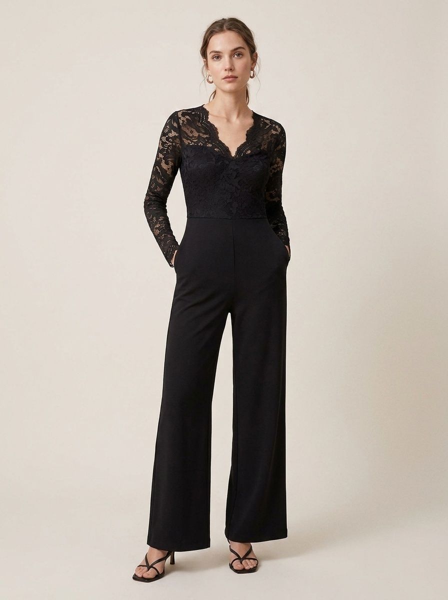 Women's Black Floral Lace Long Sleeve Wide Leg Jumpsuit