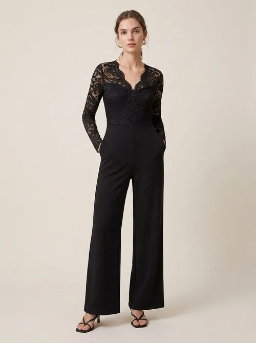 Women's Black Floral Lace Long Sleeve Wide Leg Jumpsuit
