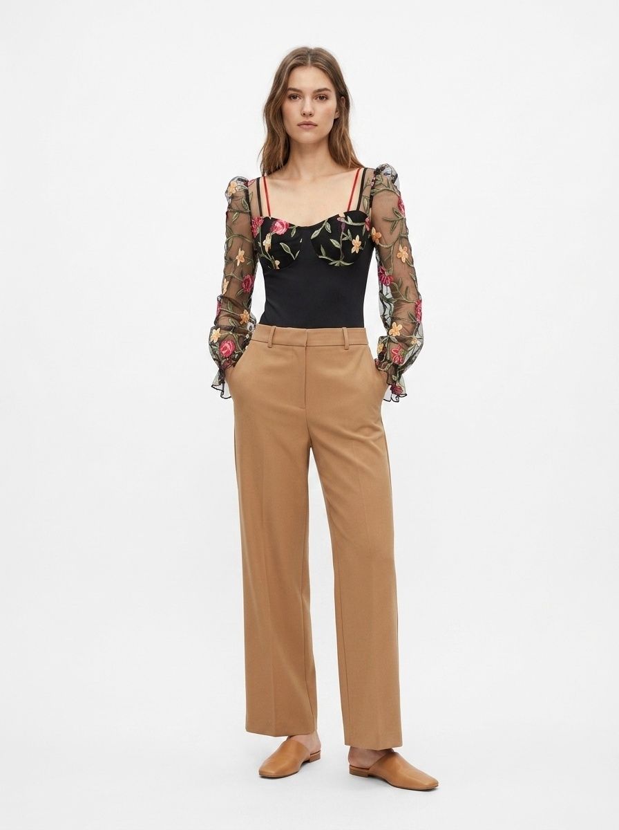 Floral Embroidered Sheer Mesh Long Sleeve Bodysuit