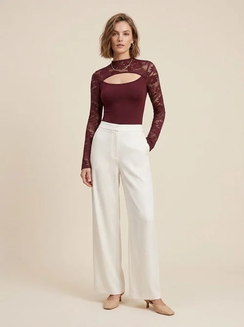 Burgundy Lace Cutout Long Flare Sleeve Bodysuit