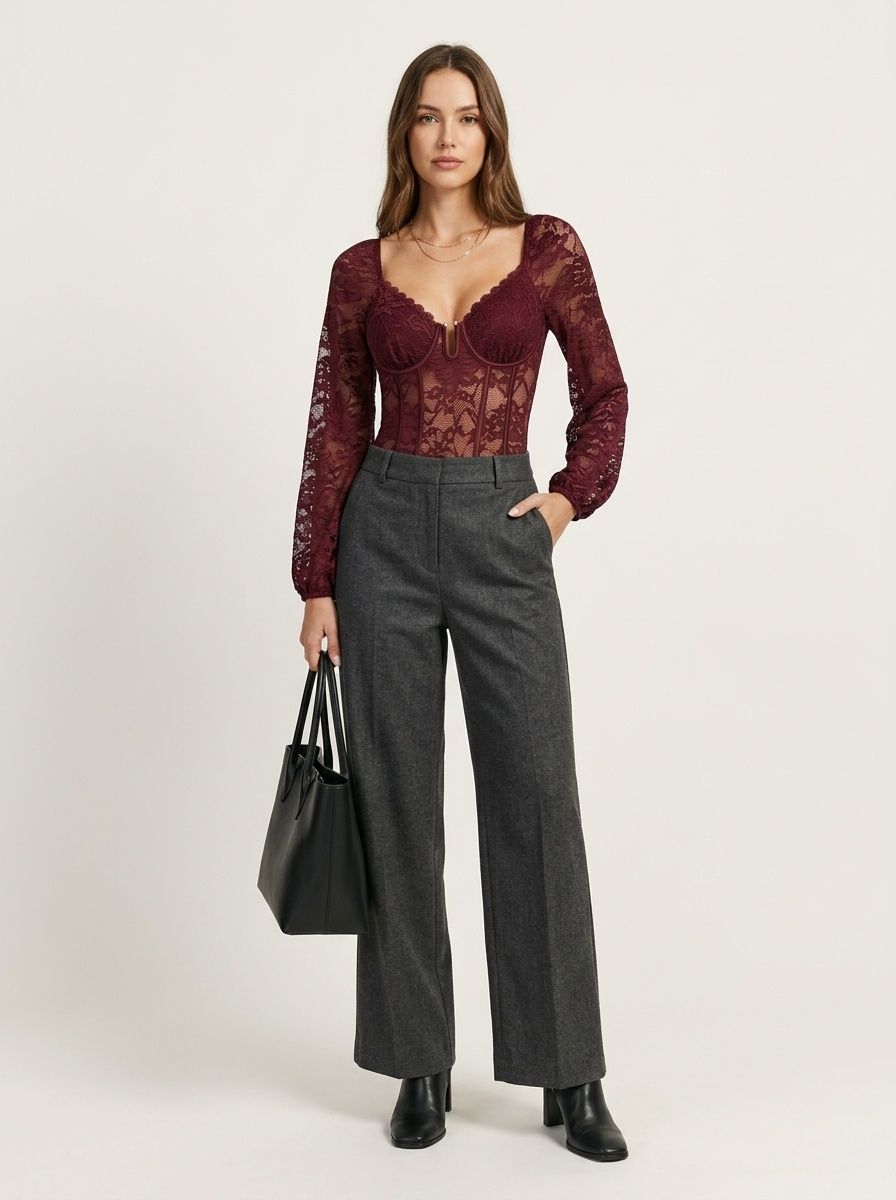 Body a corsetto da donna con pizzo floreale e maniche lunghe