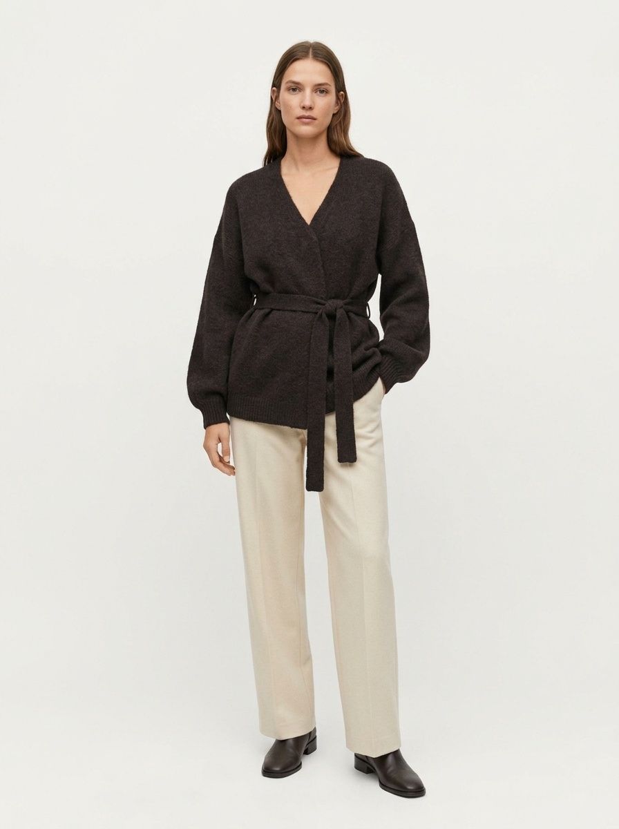 Women's Dark Brown Wrap Knit Cardigan with Tie Belt