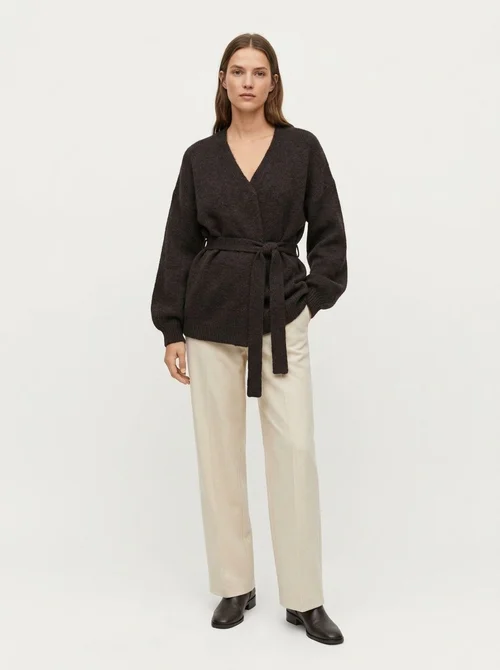 Women's Dark Brown Wrap Knit Cardigan with Tie Belt