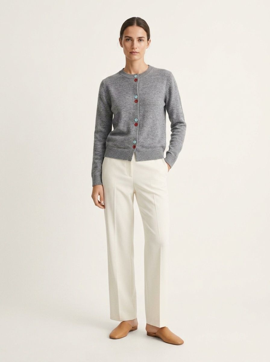 Women's Grey Crewneck Button-Down Knit Cardigan