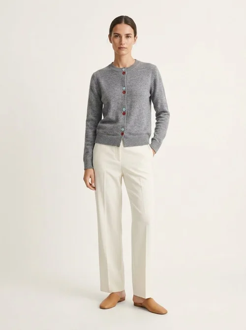 Women's Grey Crewneck Button-Down Knit Cardigan