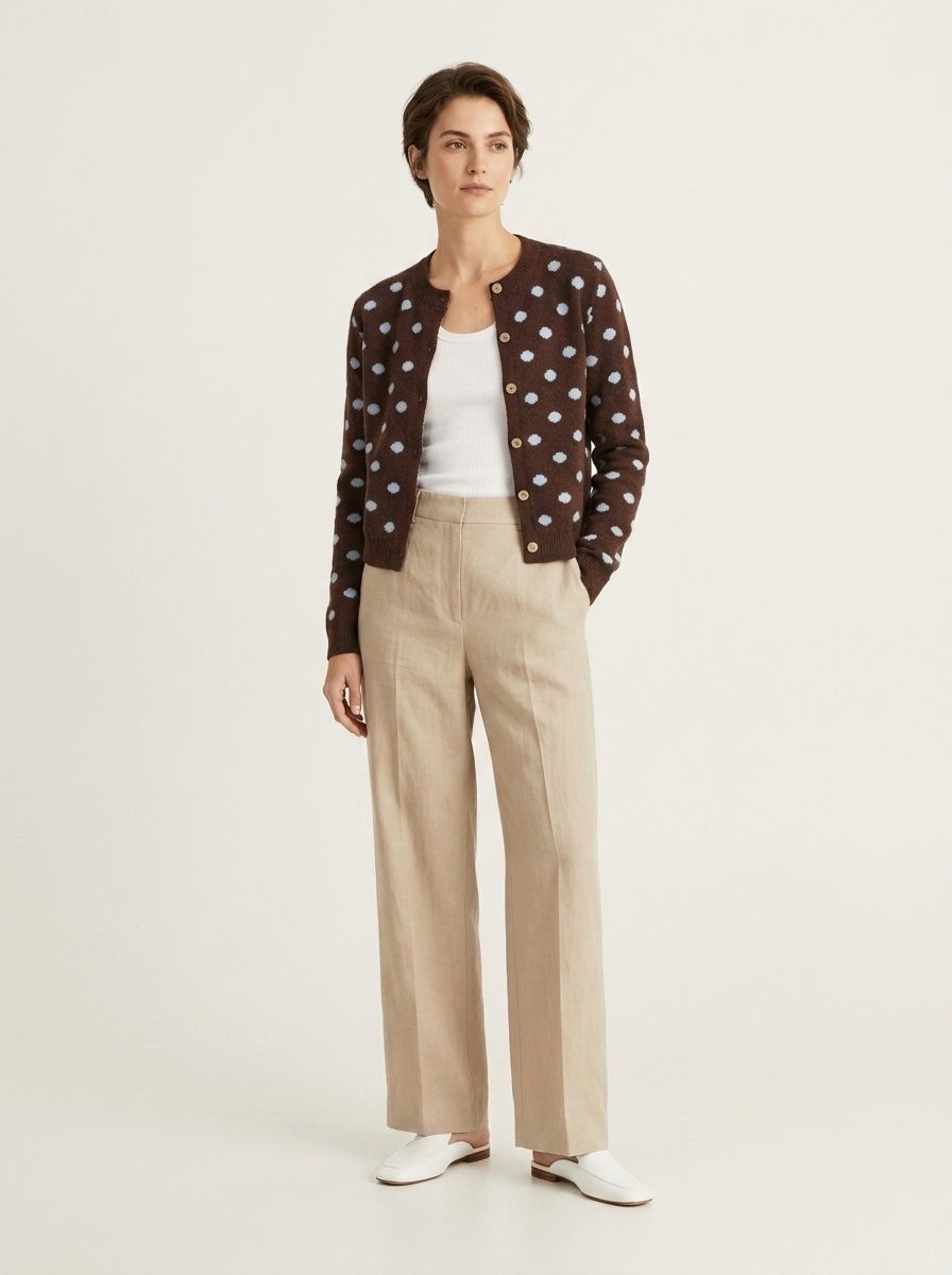 Women's Polka Dot Knit Cardigan Sweater in Brown
