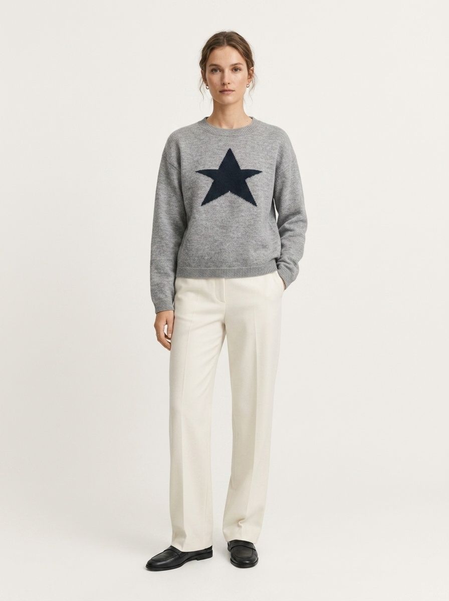 Women's Grey Star Motif Crewneck Knit Sweater