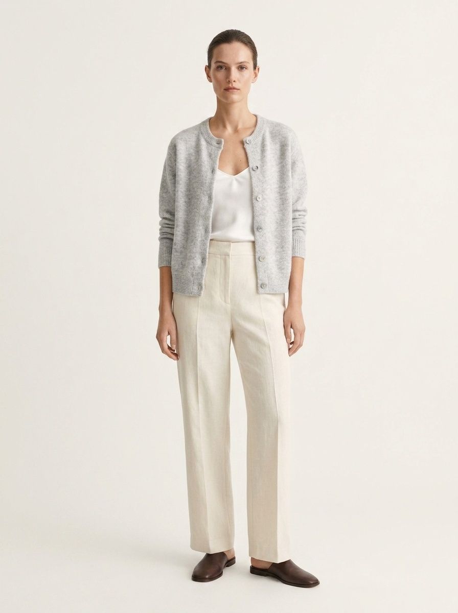 Women's Heather Grey Crew Neck Button Cardigan