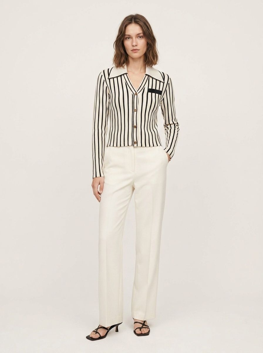 Striped Knit Button-Up Long Sleeve Polo Cardigan