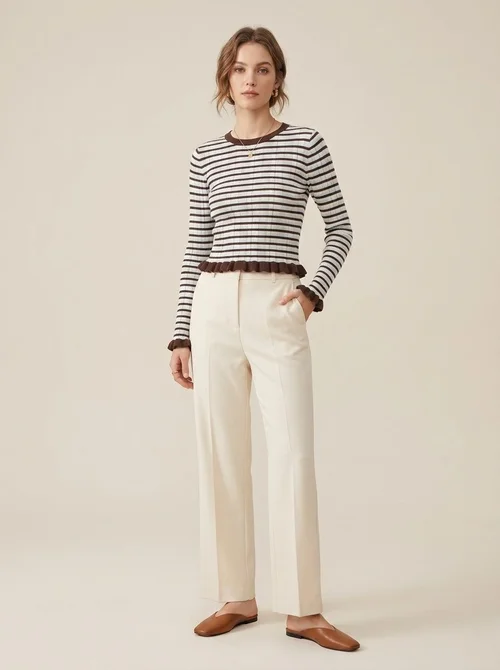 Striped Ribbed Knit Ruffle Hem Long Sleeve Top