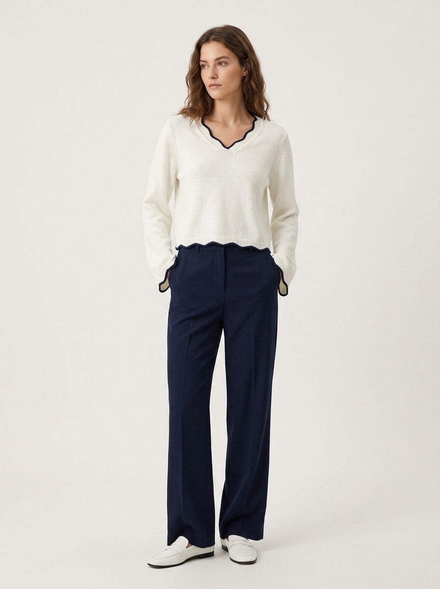 Contrast Trim Scalloped V-Neck Knit Sweater Top