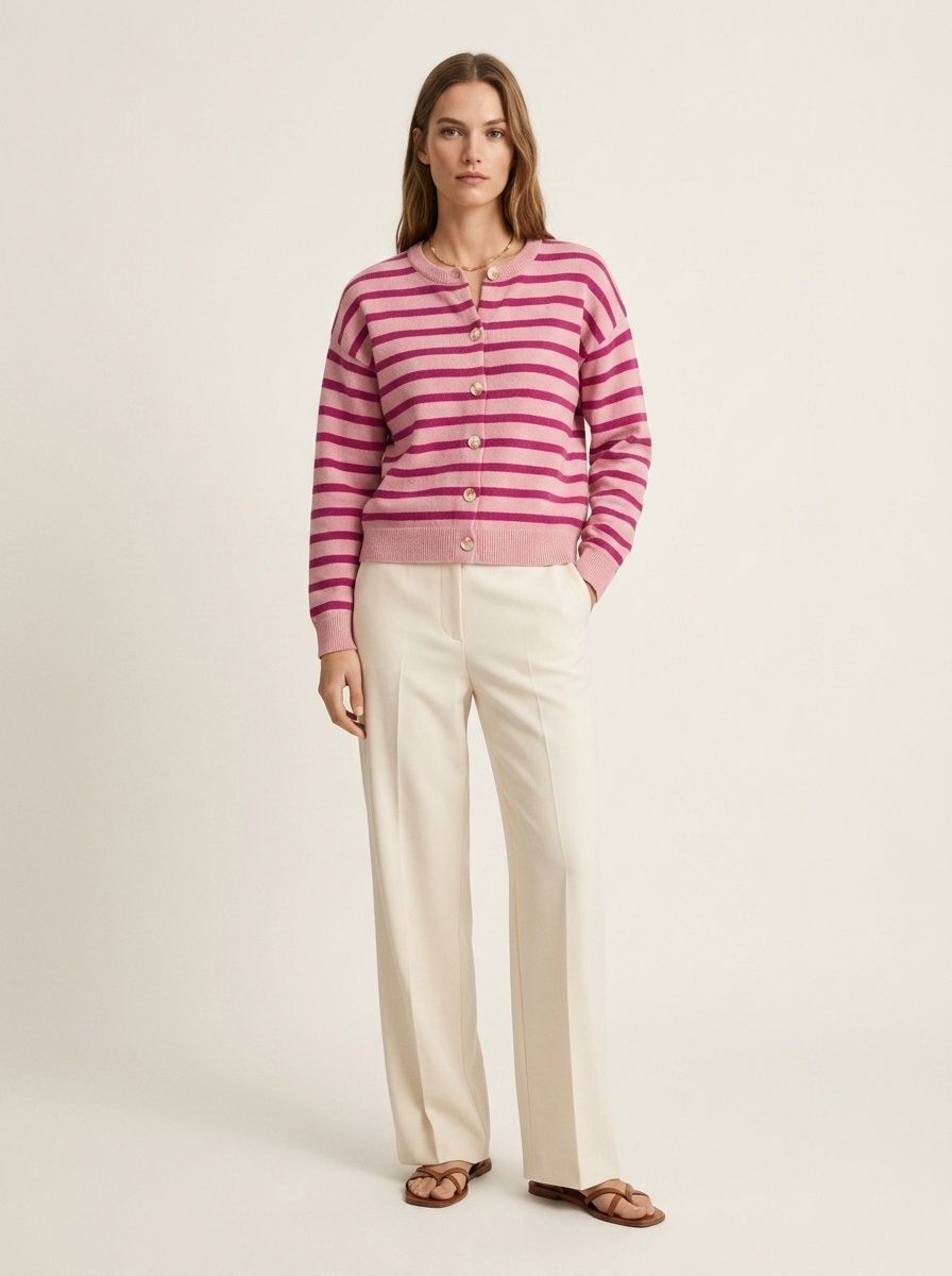Striped Button-Down Knit Cardigan Sweater