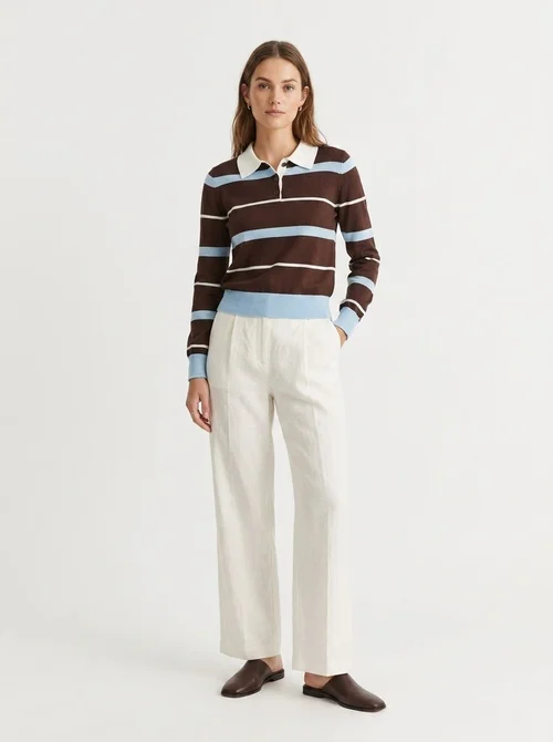 Women's Striped Polo Collar Long Sleeve Knit Sweater
