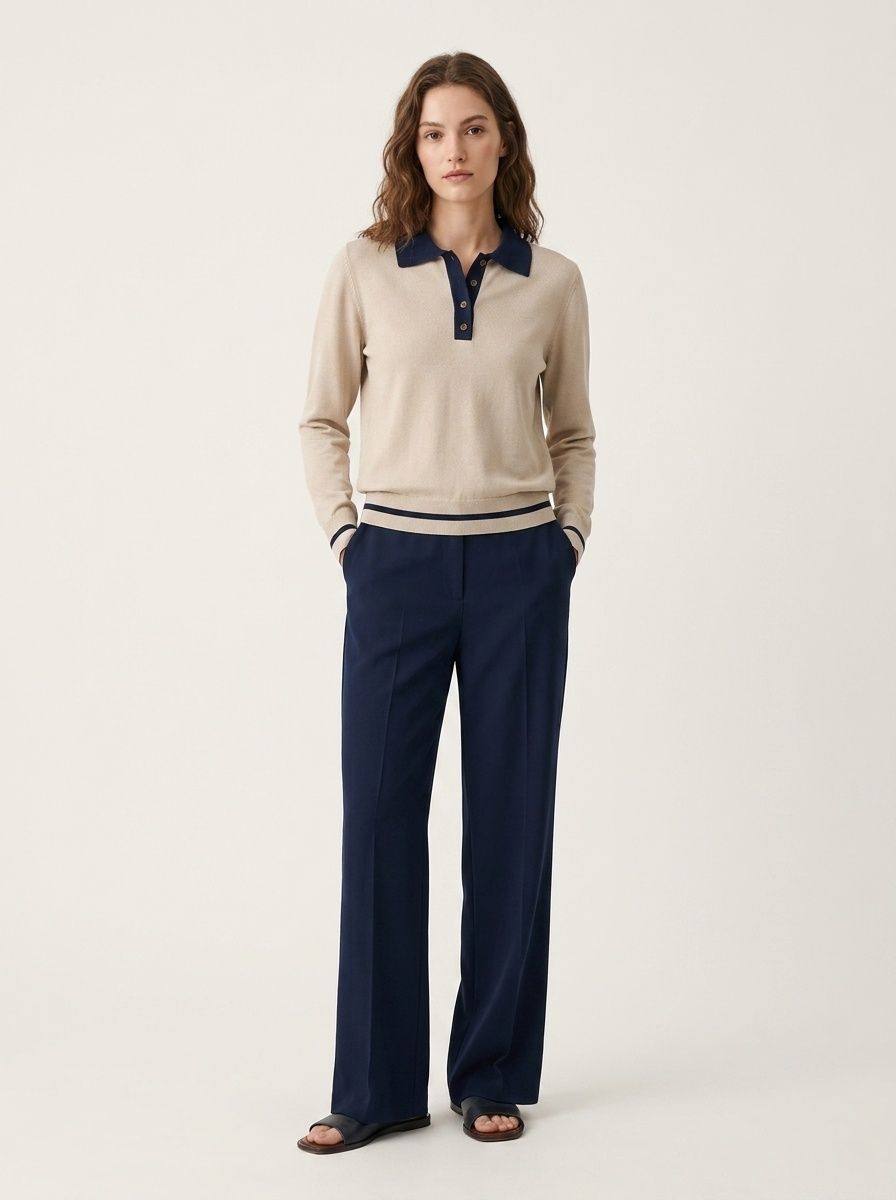 Contrast Collar Long Sleeve Knit Polo Sweater