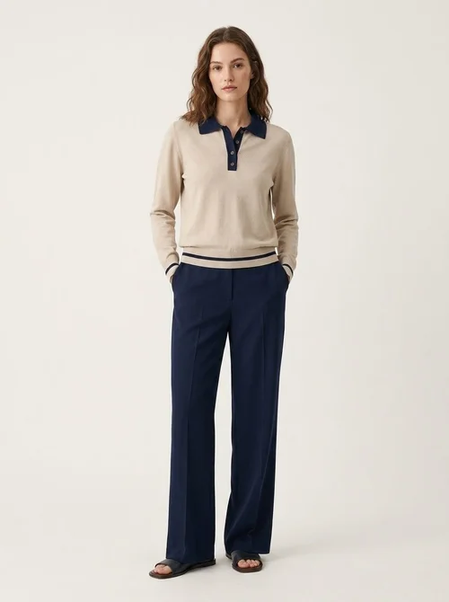 Contrast Collar Long Sleeve Knit Polo Sweater