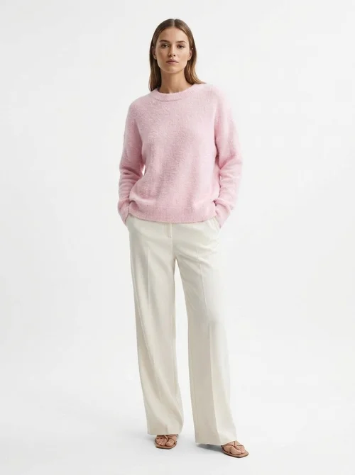 Women's Fuzzy Knit Long Sleeve Pullover Sweater in Pink
