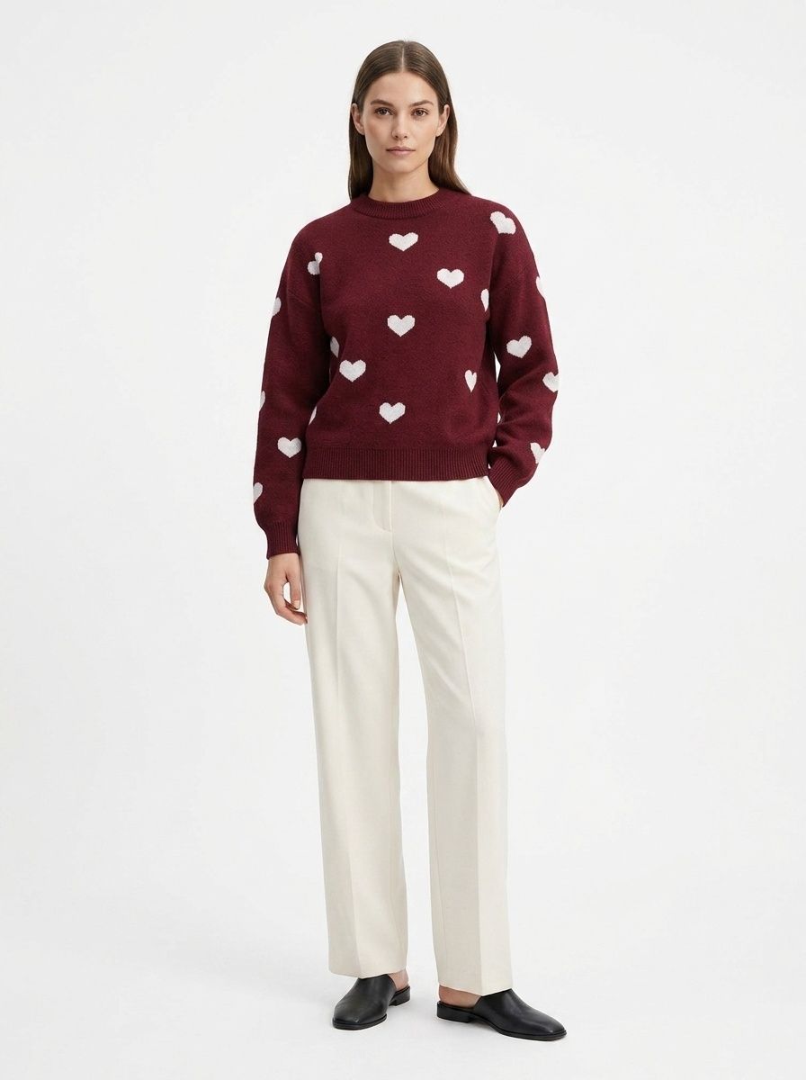 Women's Heart Pattern Knit Crewneck Pullover Sweater