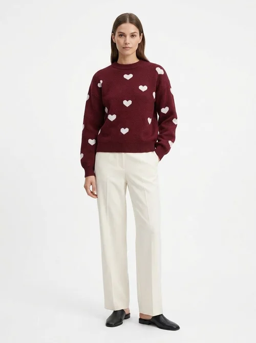 Women's Heart Pattern Knit Crewneck Pullover Sweater