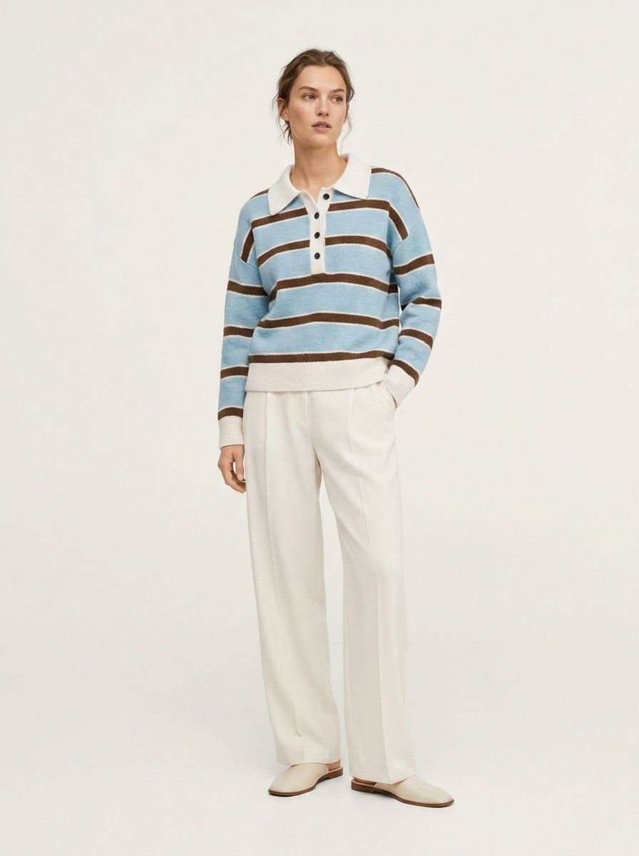 Striped Knit Polo Sweater with Button Placket