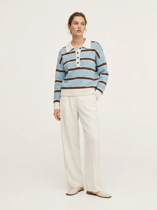 Striped Knit Polo Sweater with Button Placket