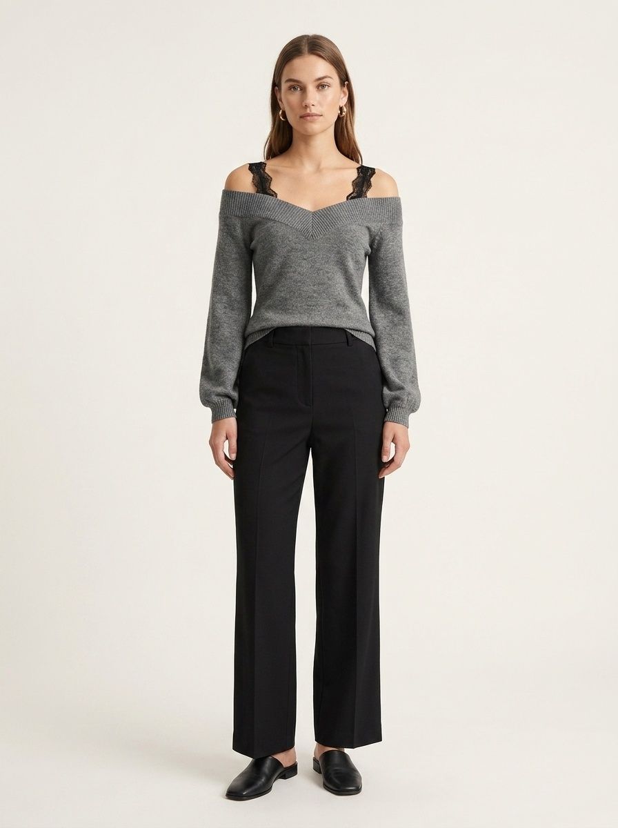 Women's Off-Shoulder Knit Sweater with Lace Straps