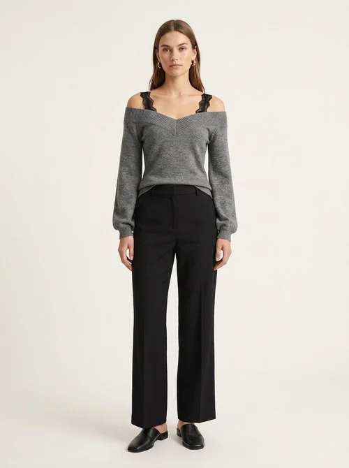 Women's Off-Shoulder Knit Sweater with Lace Straps