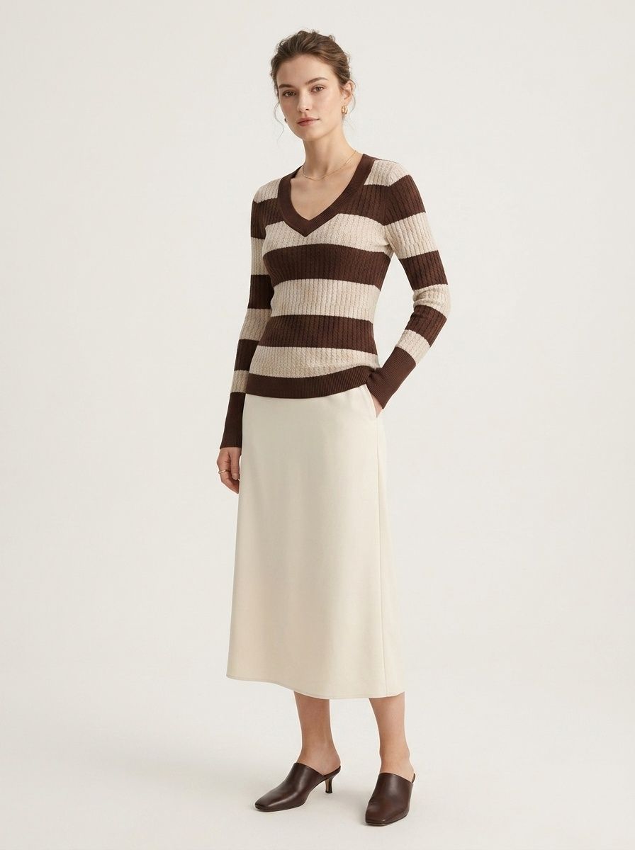 Women's Striped V-Neck Long Sleeve Knit Sweater