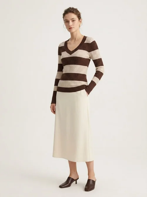 Women's Striped V-Neck Long Sleeve Knit Sweater